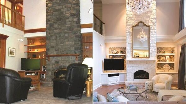 Before & After Built-in Entertainment Center Painted & Wallpapered and Fireplace Painted in Houston, TX (1)